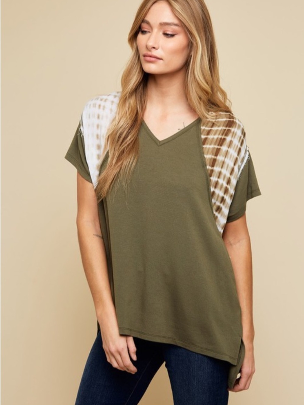 Doe & Rae Olive Green V-Neck Top with Brown and White Tie-Dye Sleeves, Size S